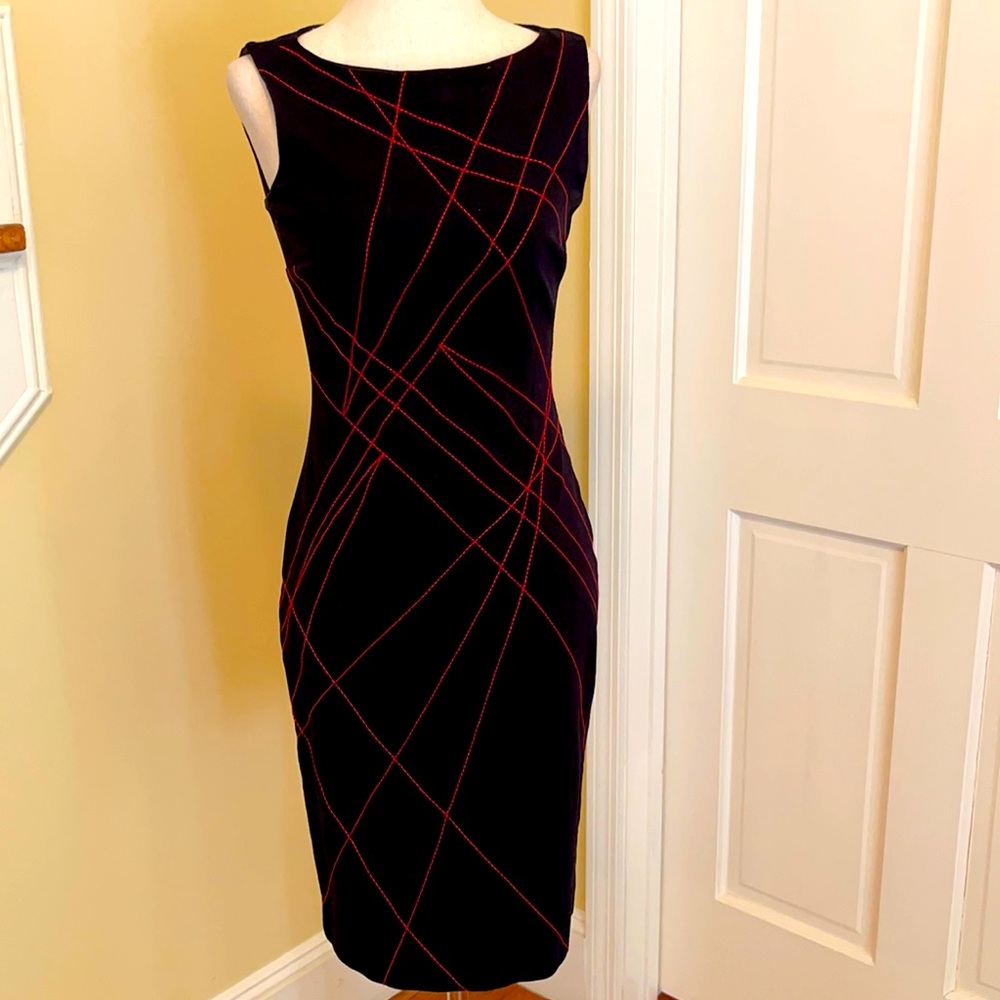 Black with red stitch work cocktail dress